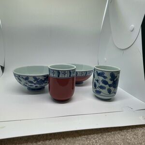 Blue and Red Ceramic Bowl and Cup Set
